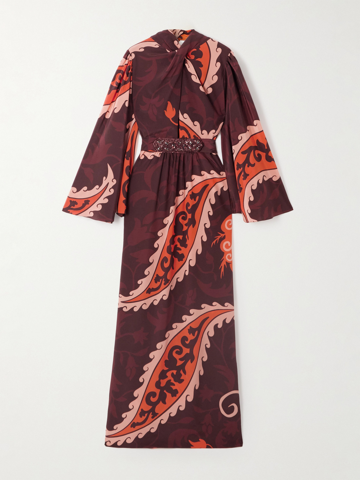 Santa Maria Belted Printed Silk-satin Maxi Dress - Burgundy