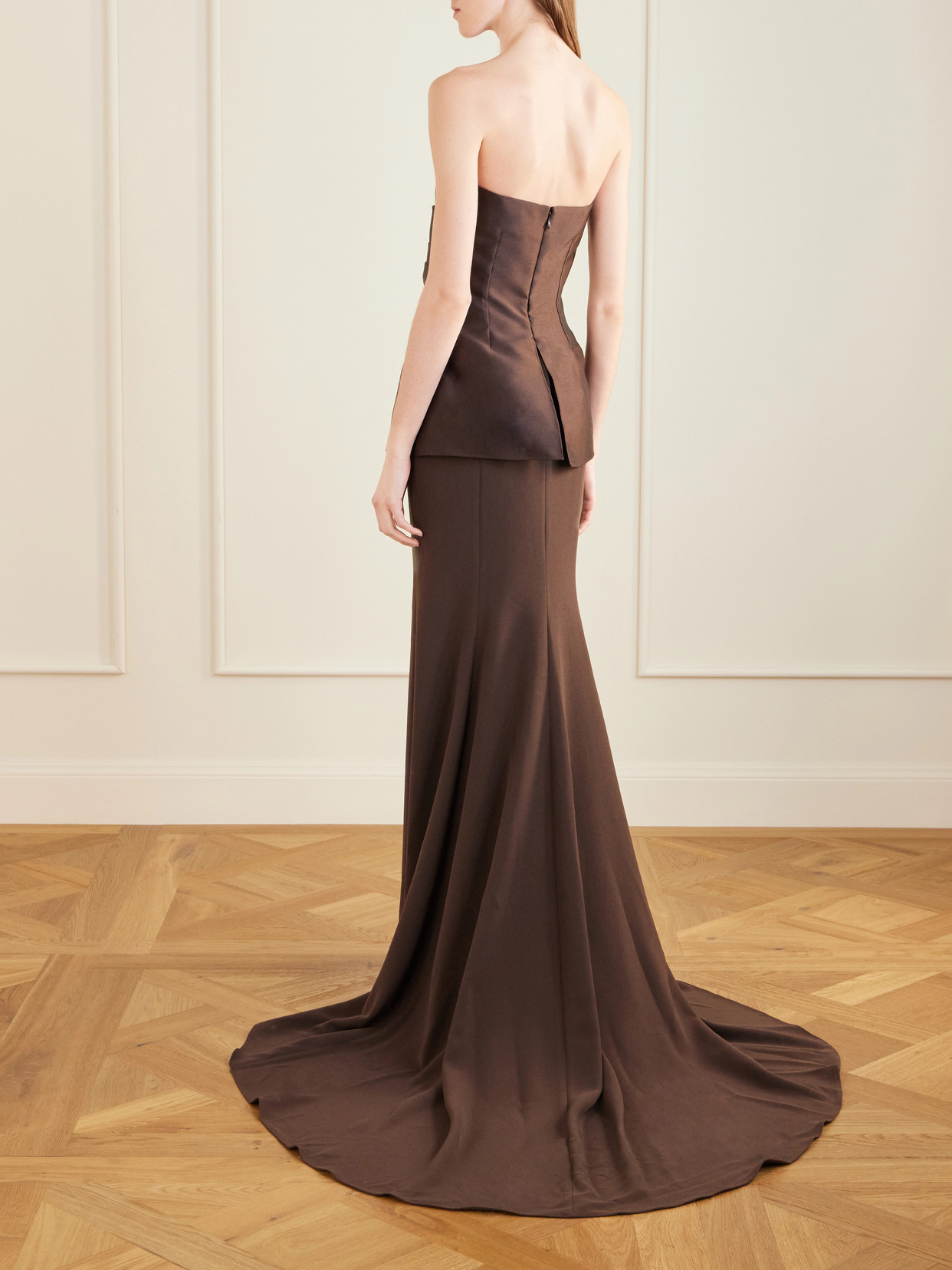 Alia Gathered Satin And Crepe Gown - Brown