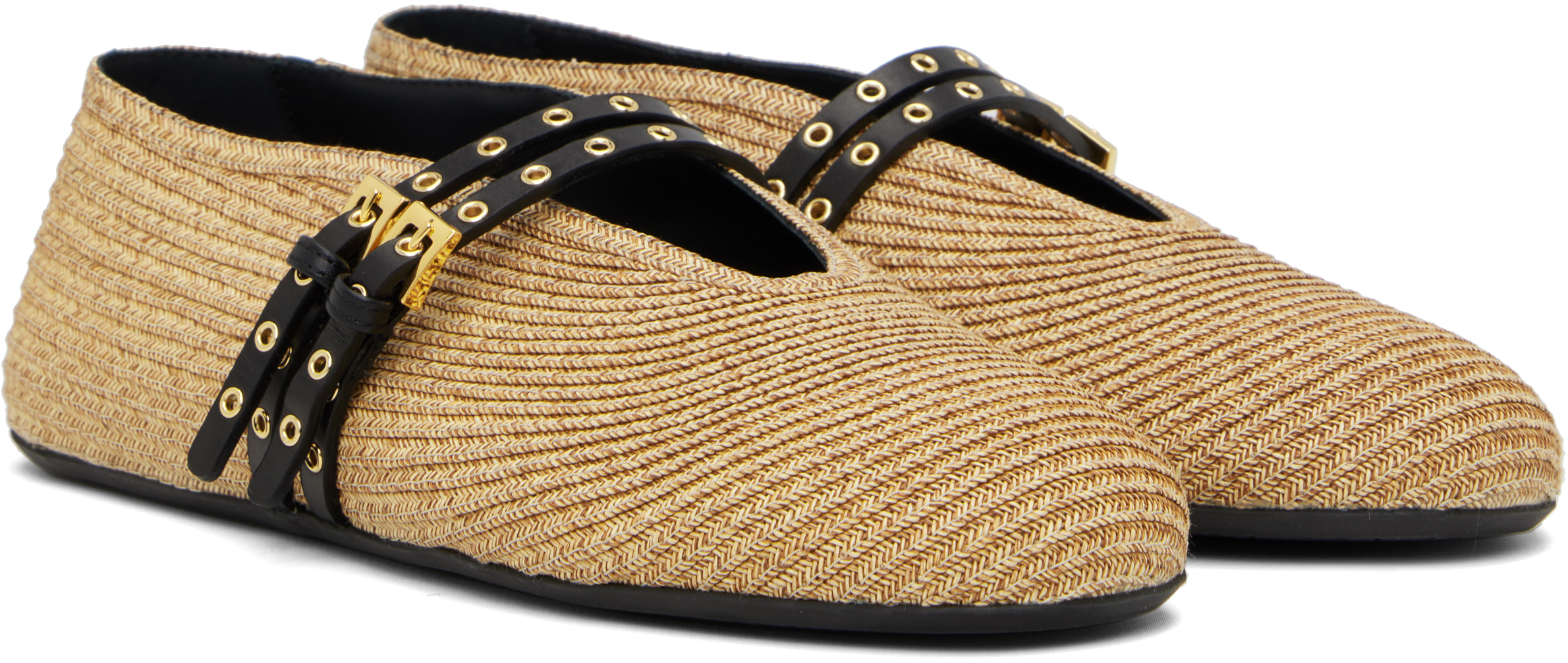 Beige Paper Straw Ballerina Flats