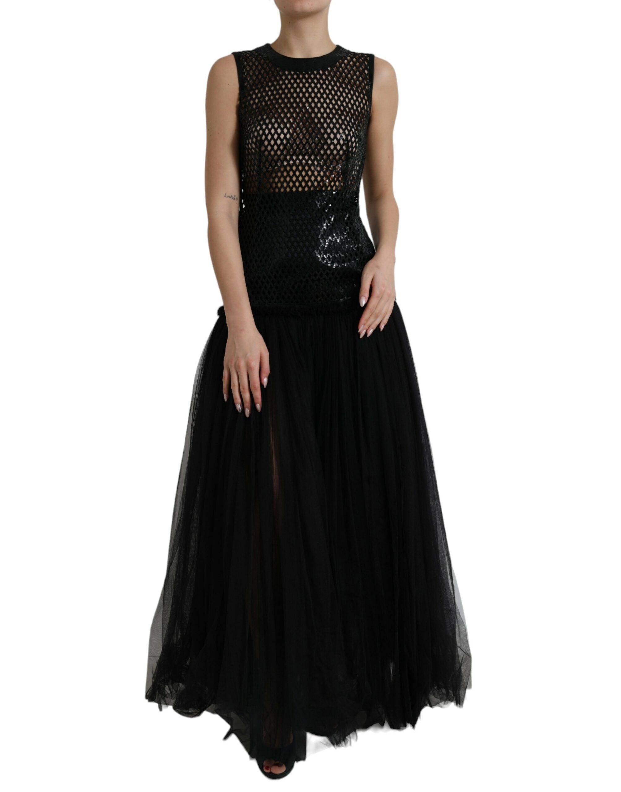 Sequined Mesh Gown — Black