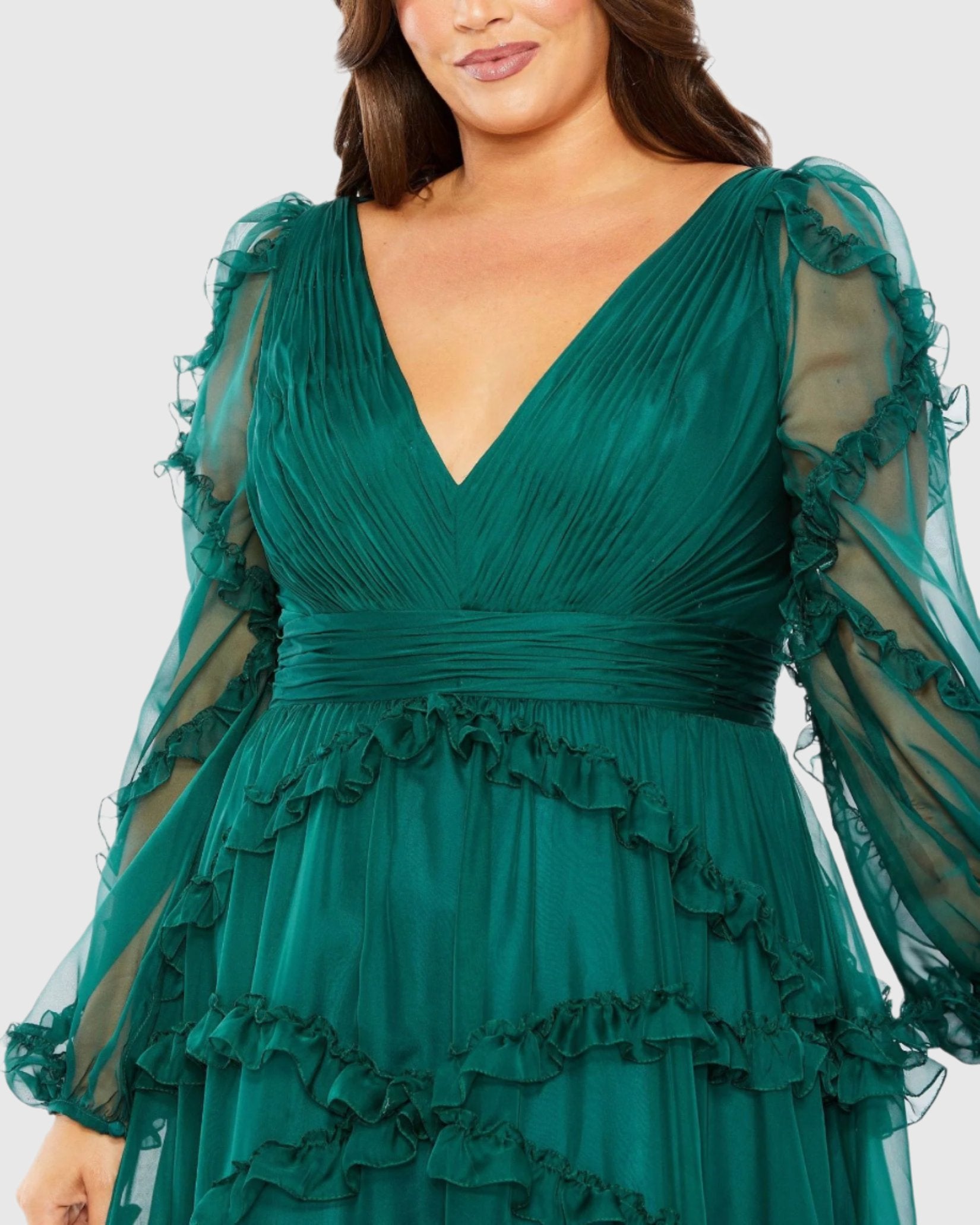 Plus Size Green V Neck Ruffle Tiered Puff Sleeve Wedding Guest Maxi Gown In Teal