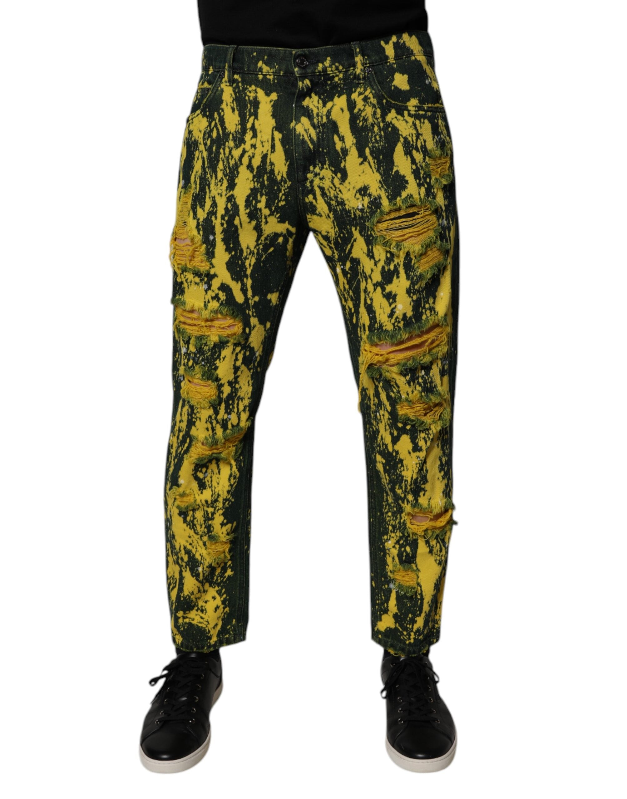 Tie-Dye Tattered Denim Jeans — Yellow