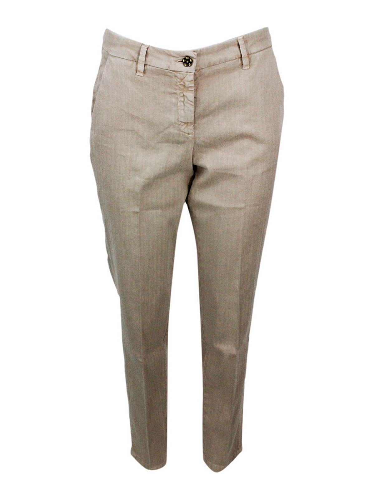 Slim Regular Fit Navy Trousers In Soft Stretch Cotton Herringbone Pattern With America Pockets Chinos With Zip Closure And Small Logo Above The Back P