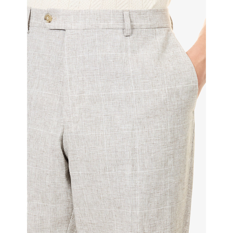 Mens Checked Regular-Fit Linen-Blend Trousers