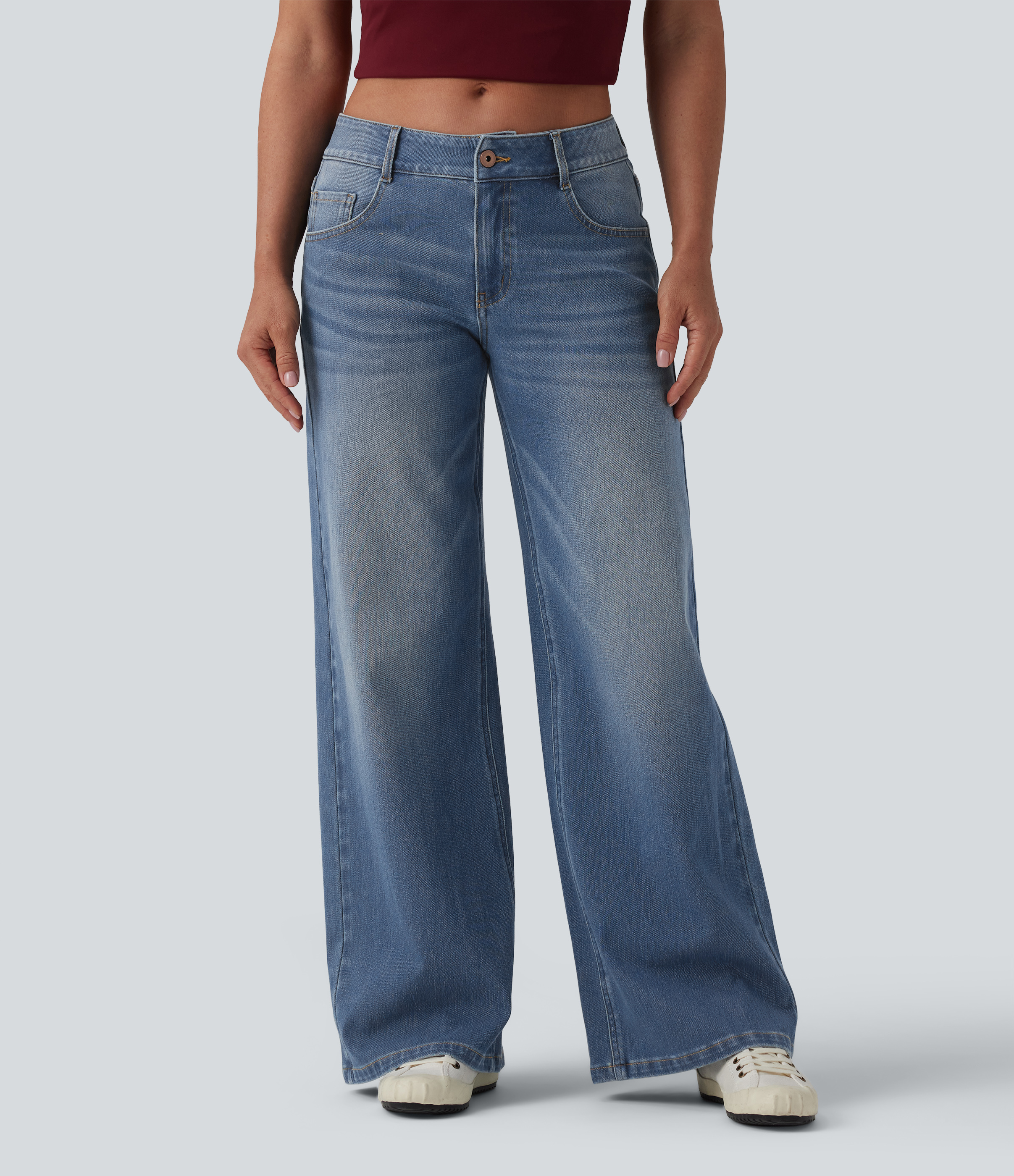 Flex™ Low Rise Zipper Pockets Washed Baggy Wide Leg Casual Jeans  - Blue Surf Denim