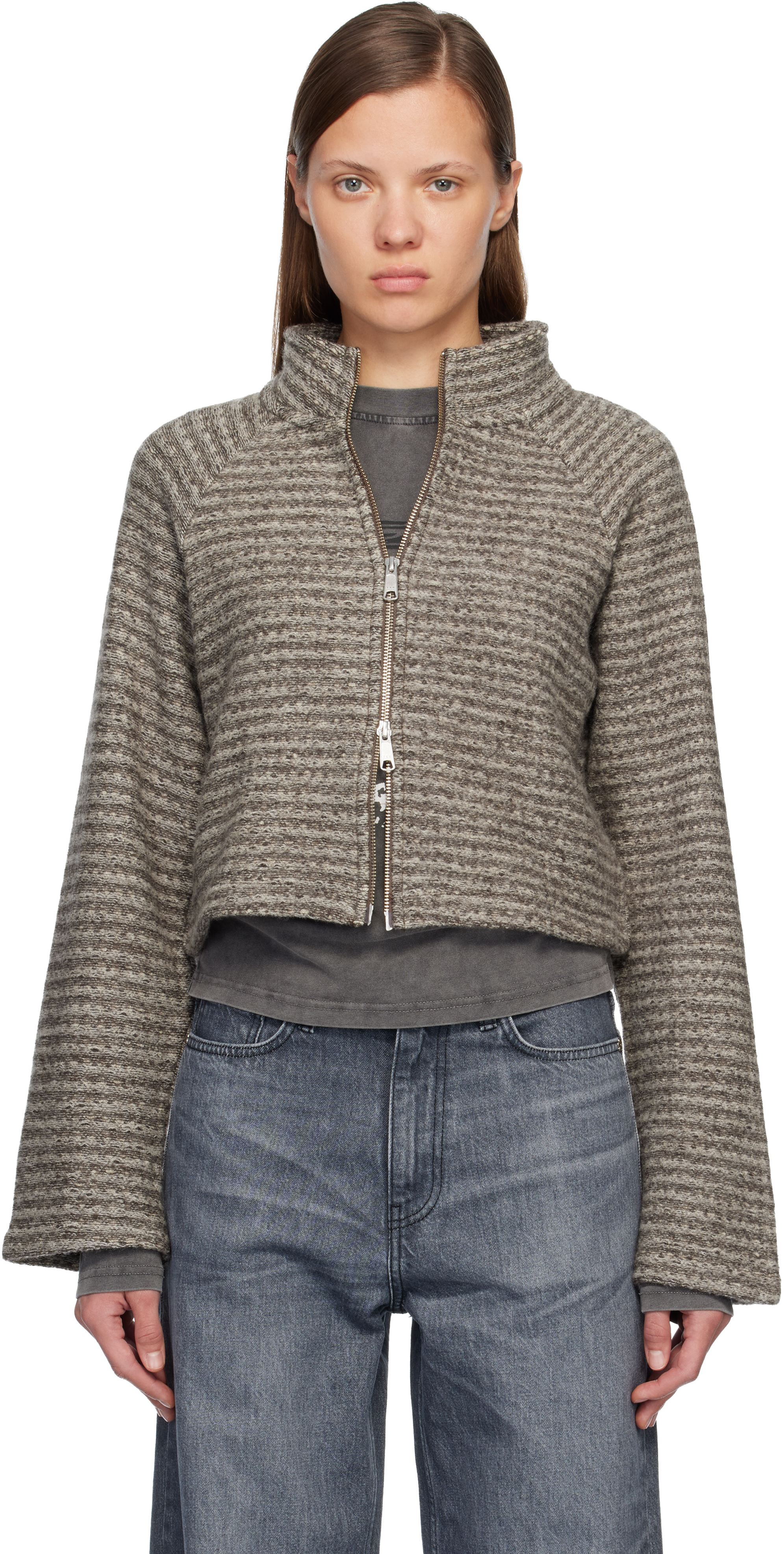 Gray Cropped Leisure Zip Up Jacket