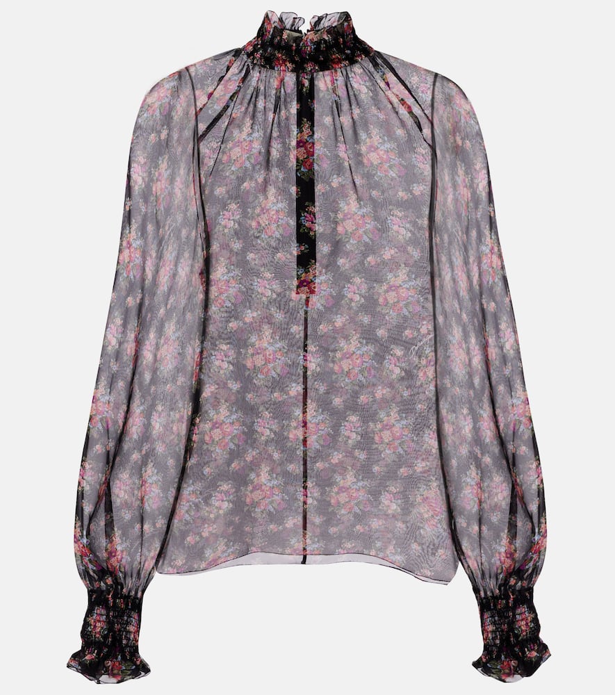 Floral ruffled sheer silk blouse