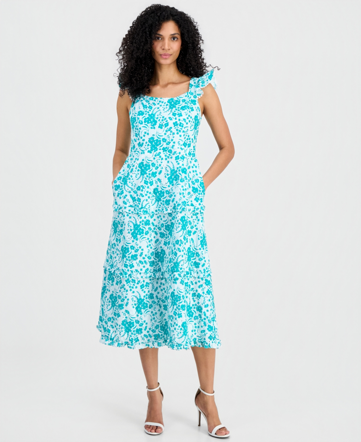 Women's Ruffled Tiered Midi Dress - BERYL GREEN/CRISP WHIT