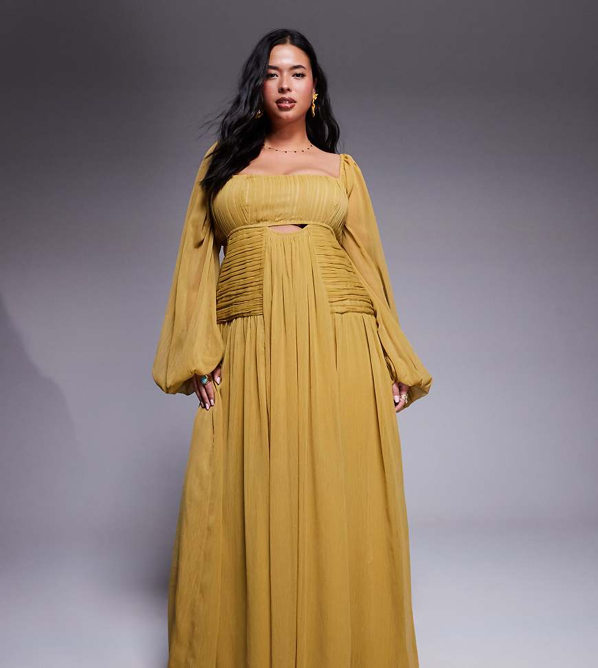 ASOS DESIGN Curve long sleeve cut out maxi dress with ruched skirt in olive green