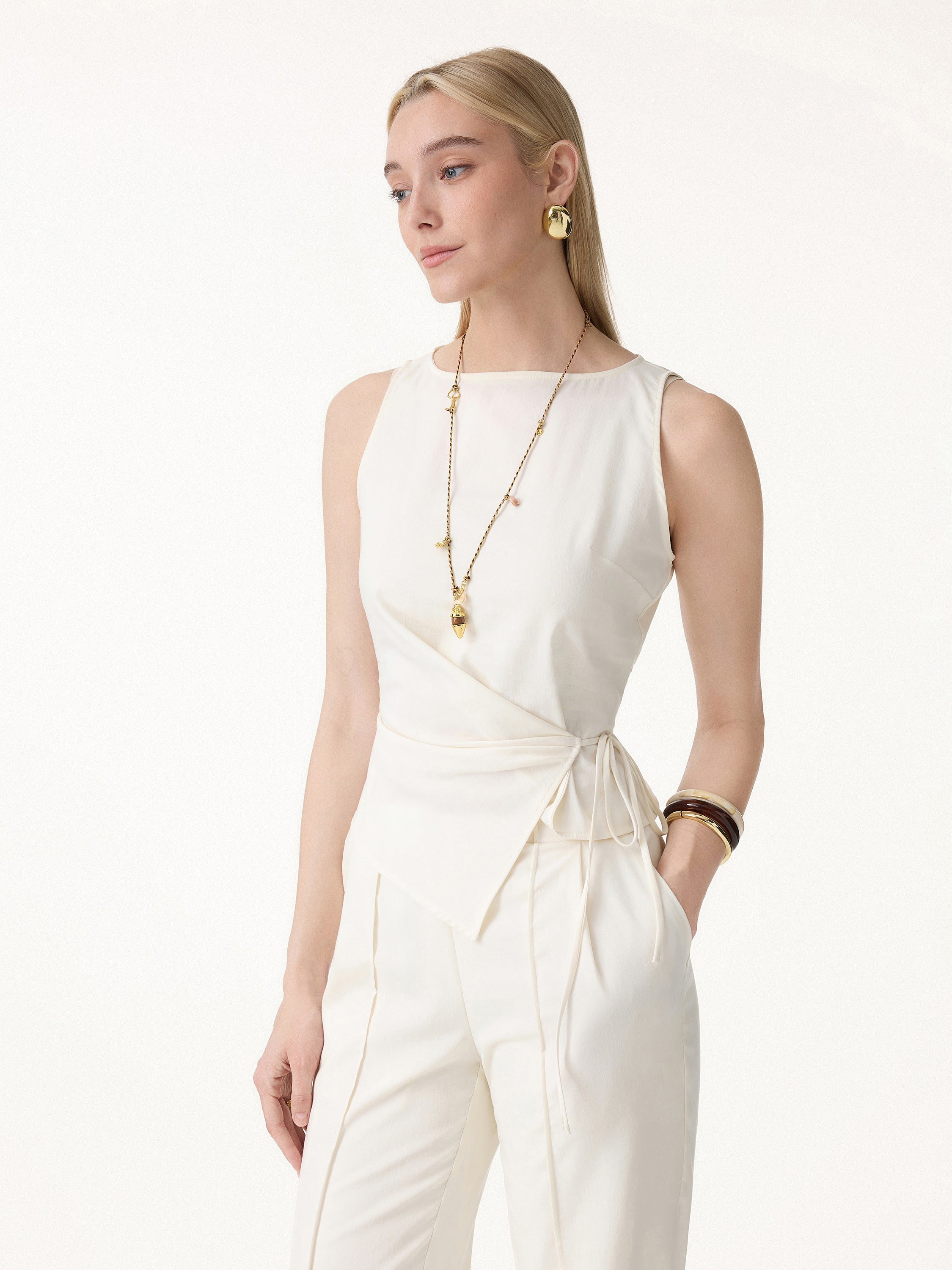 Lyocell-Linen Blend Boatneck Waist-Defined Top - Eggnog