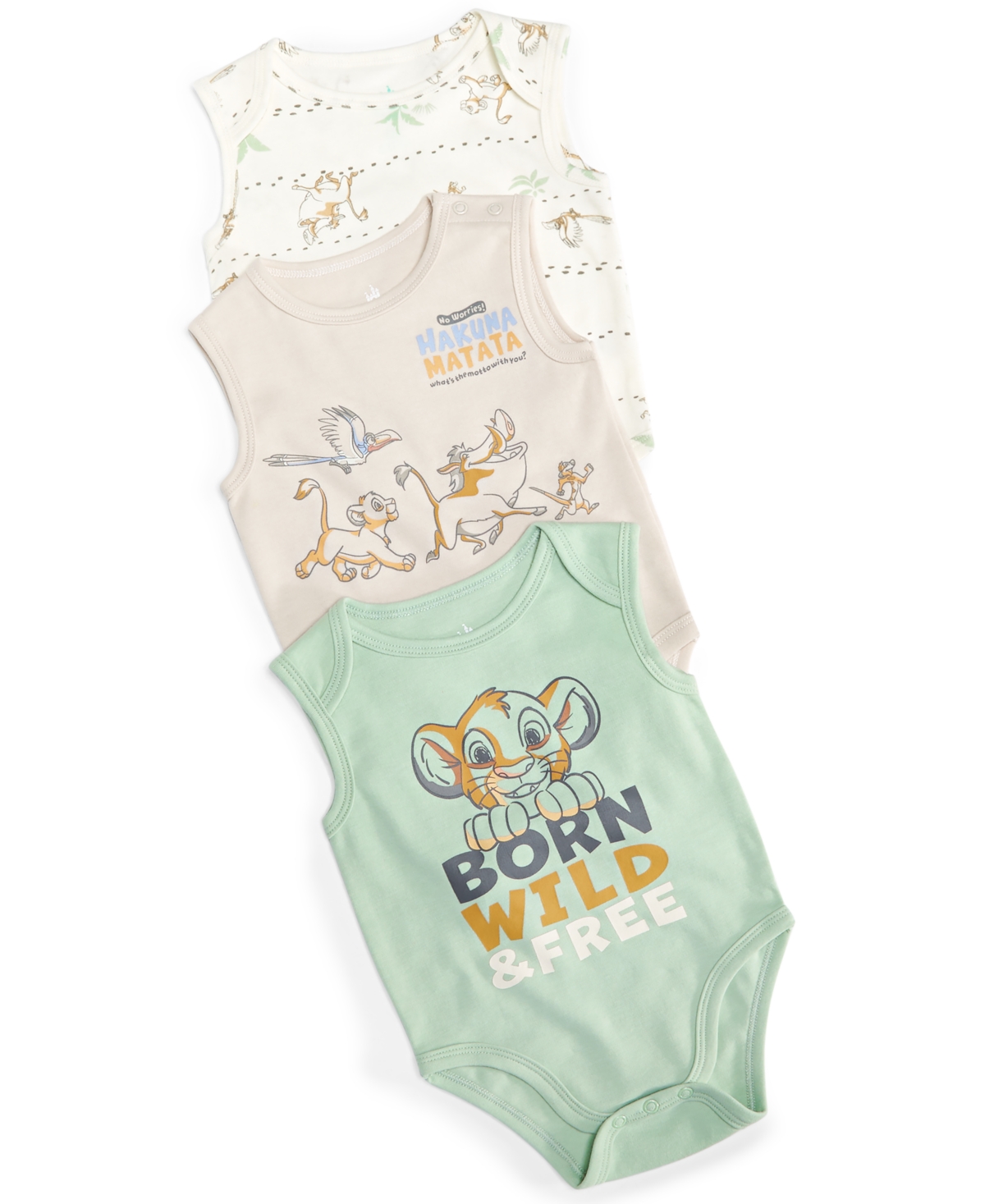 Baby The Lion King Simba, Timon, Pumbaa & Zazu Printed Bodysuits, Pack of 3 - Assorted