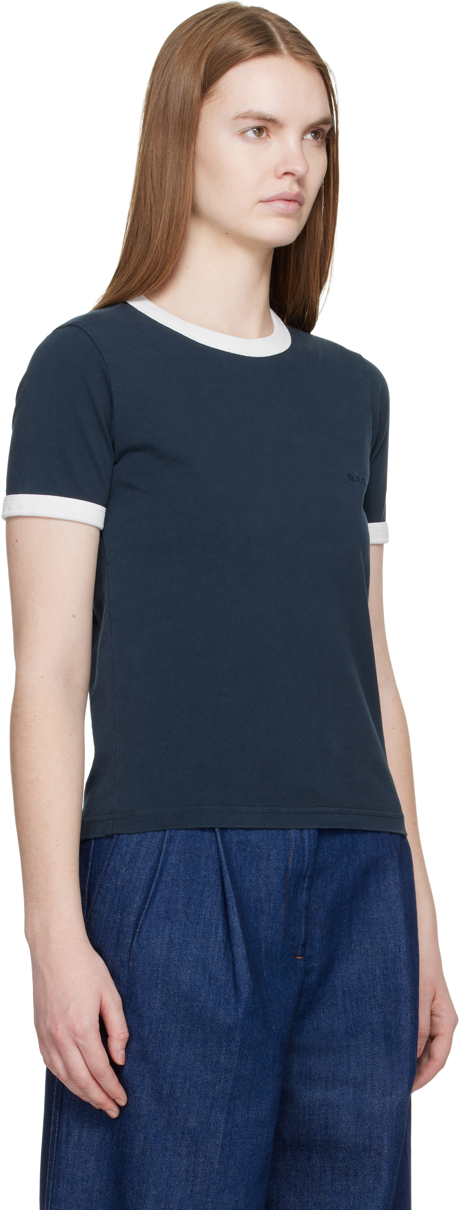 Navy Crop Manche Courte Contrast T-shirt