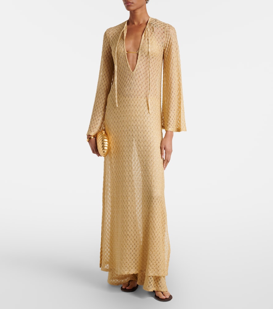 Open-knit tie-neck lamé kaftan