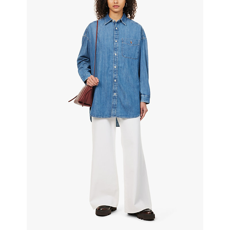 Womens Golfito Wash Oversized Patch-pocket Denim-chambray Shirt