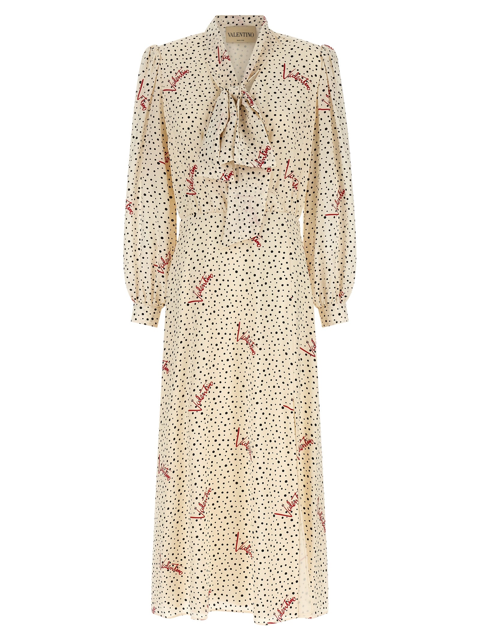 Silk Polka-Dot and Floral Print Midi Dress — Cream