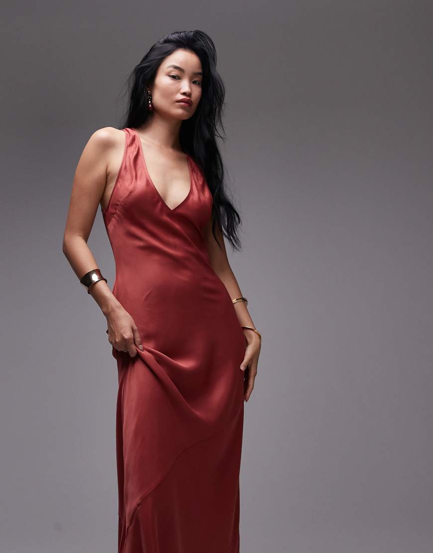 Deep plunge satin maxi dress in rust-Brown