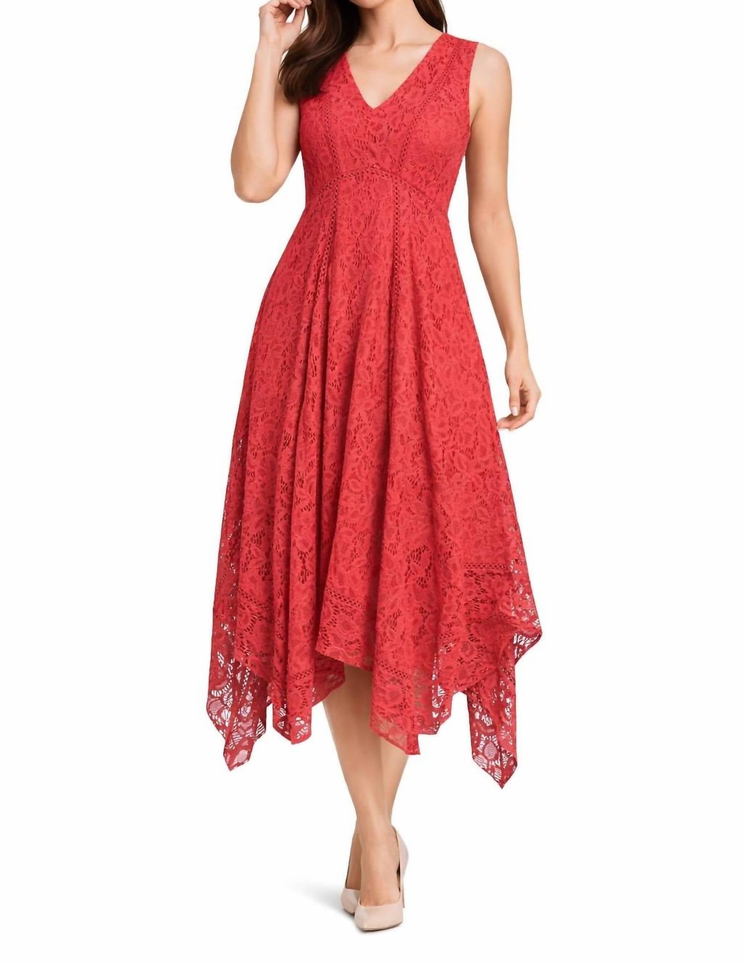 Sleeveless V-Neck Lace Midi Dress In Poppy