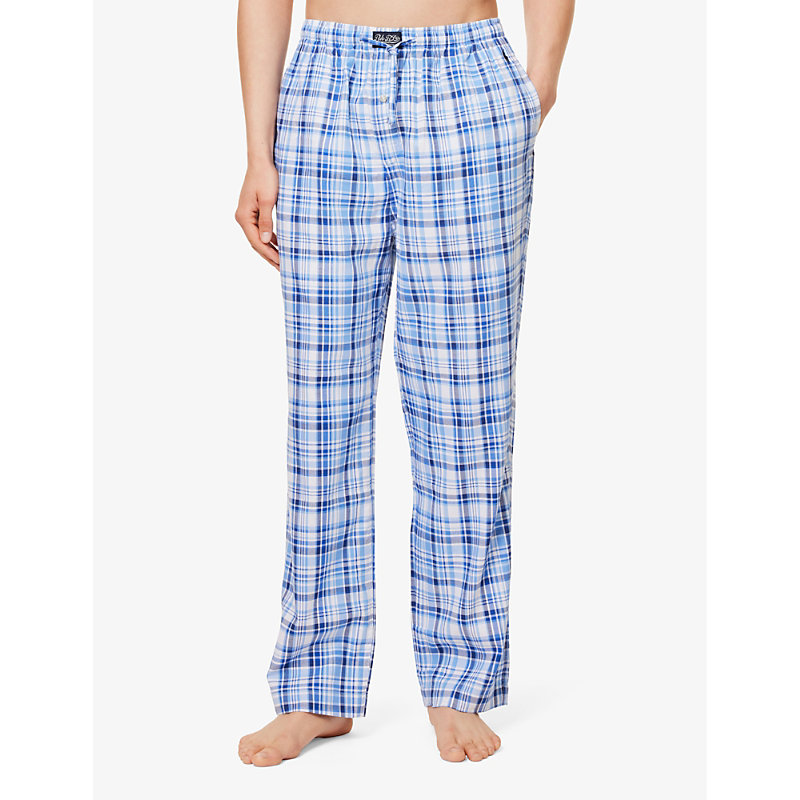 Mens Blue Plaid Logo-embroidered Regular-fit Cotton Pyjamas Bottoms S