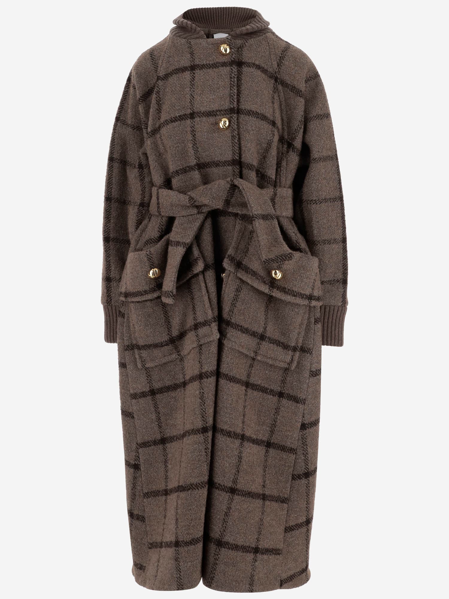 Ribbed-collar tied-waist coat - Brown