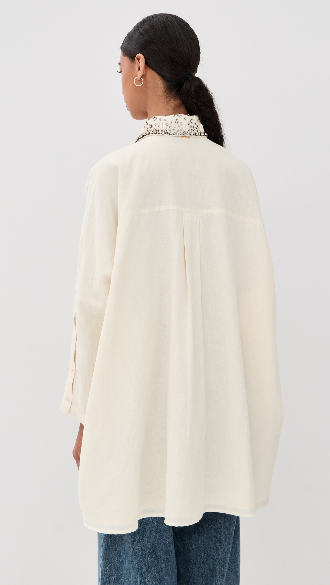 Cowrie Shell Jeweled Boyfriend Shirt White One Size
