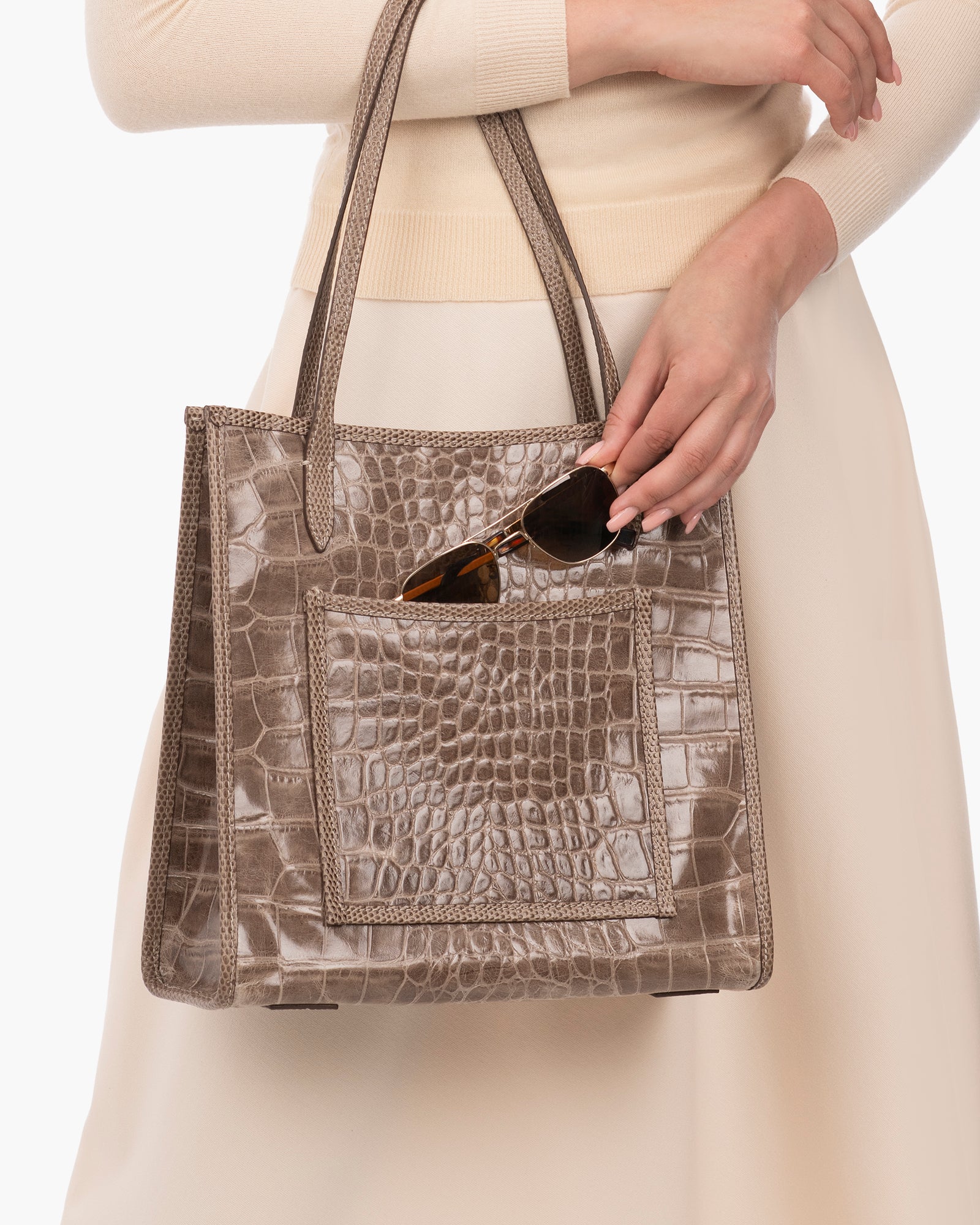 Baxter Embossed Leather Shoulder Bag for Women - Taupe, Zip Top Closure, Outer Pocket