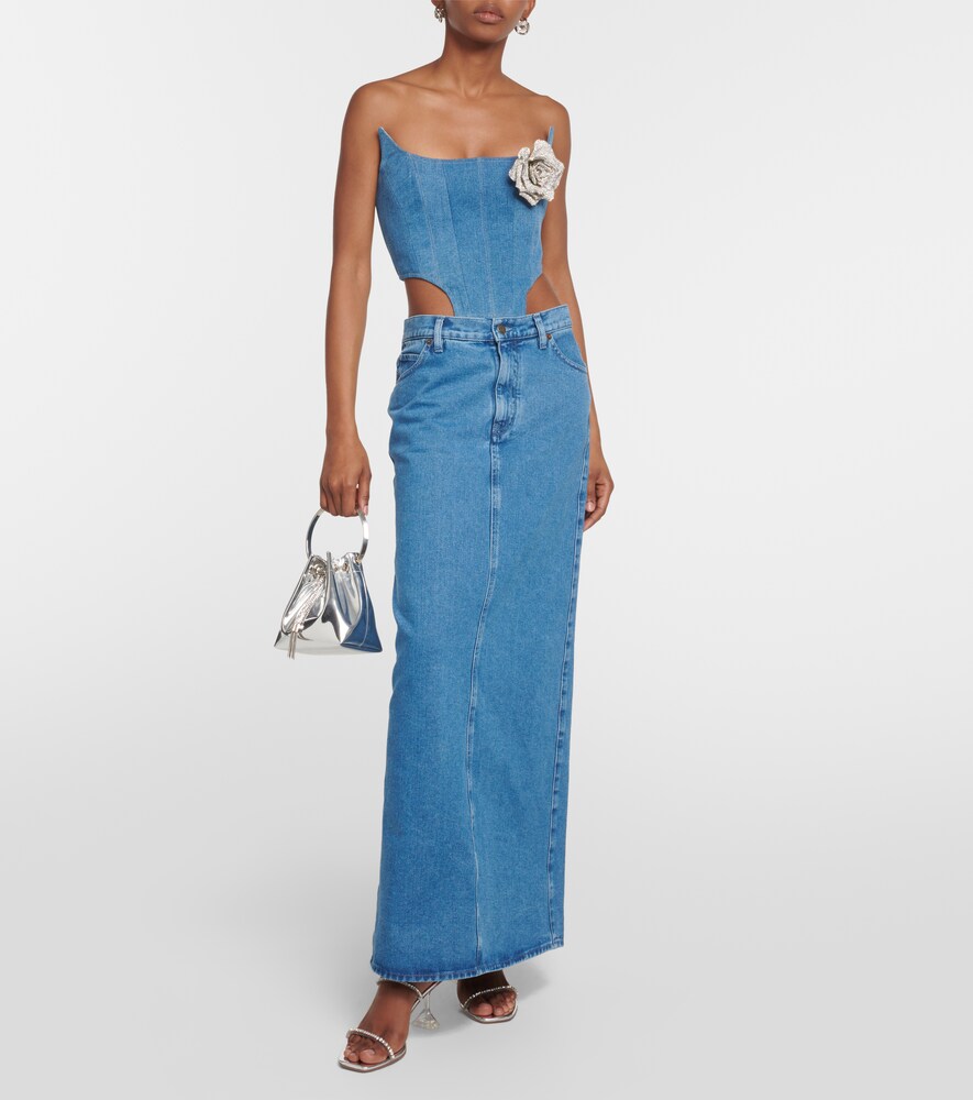 Floral-appliqué denim bustier