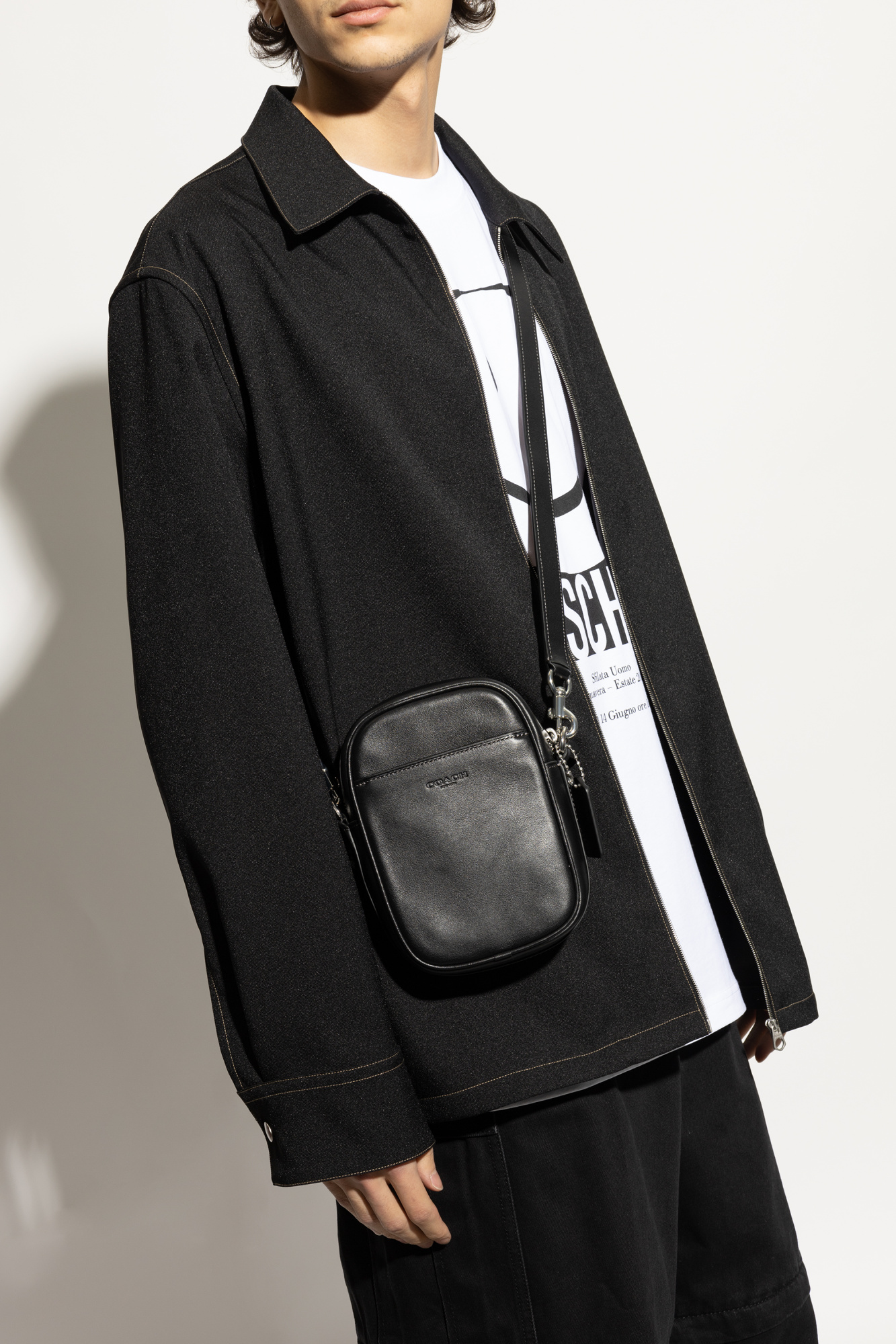 Leather Shoulder Bag, Men's, Black