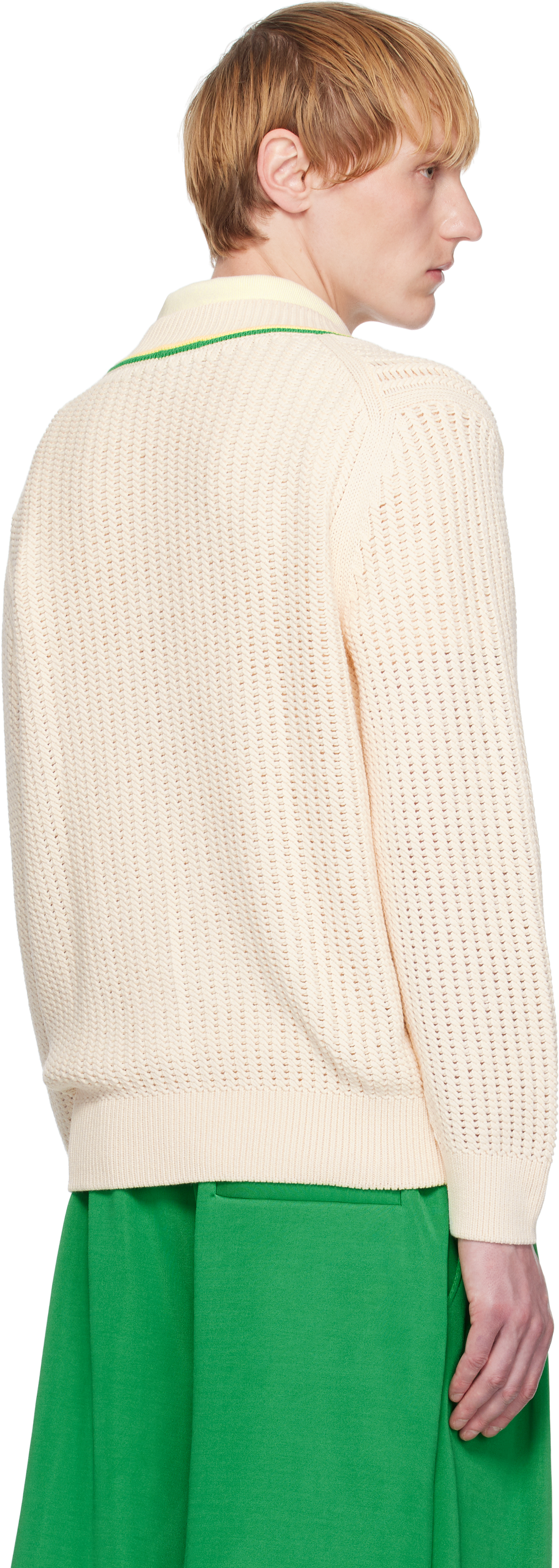 Lacoste Off-White V-Neck Striped Tennis Sweater