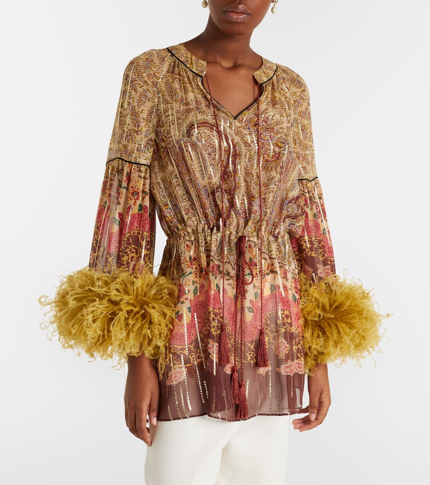Paisley feather-trimmed silk-blend blouse