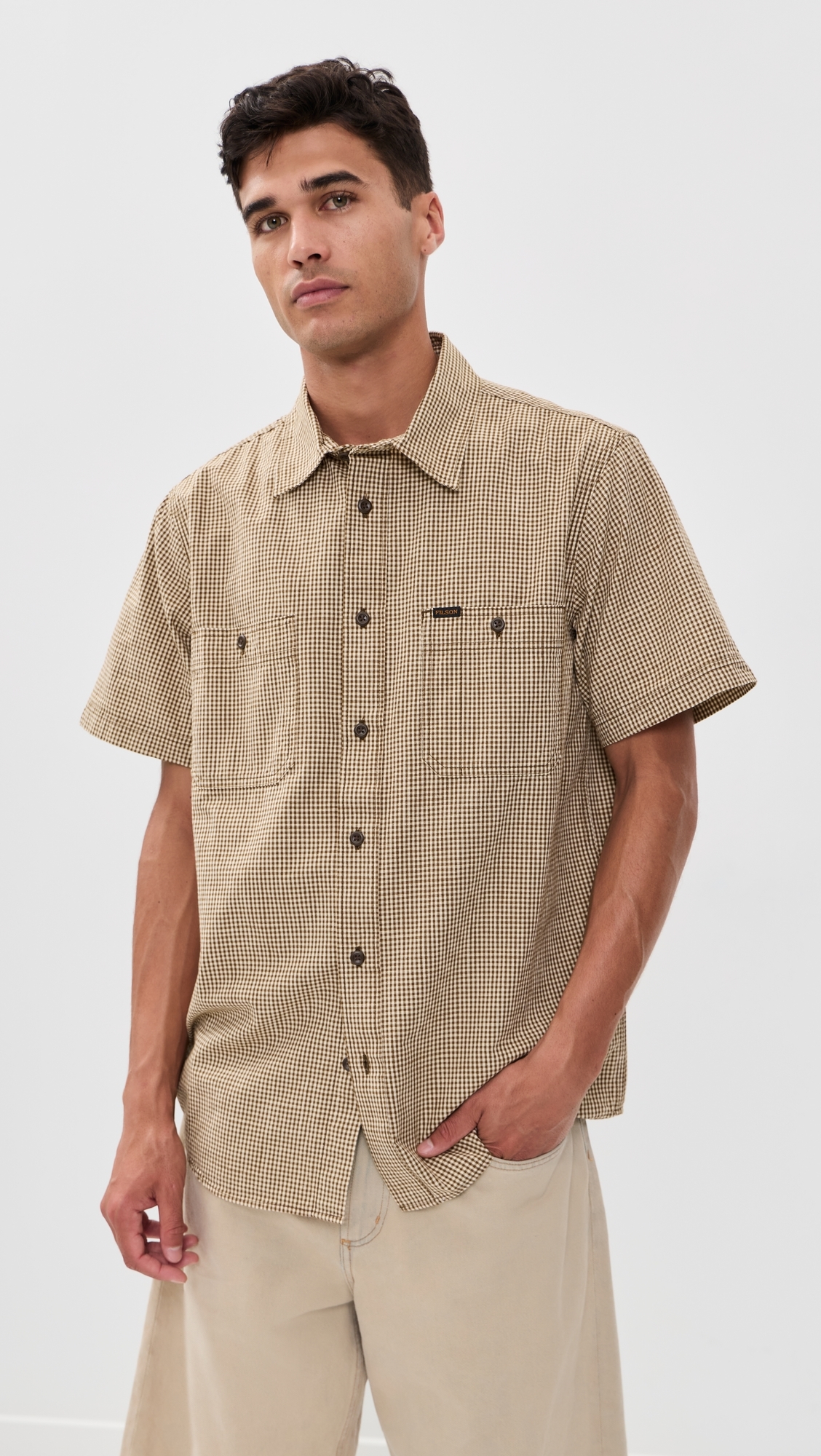 Short Sleeve Chambray Shirt Coffee/Natural Plaid