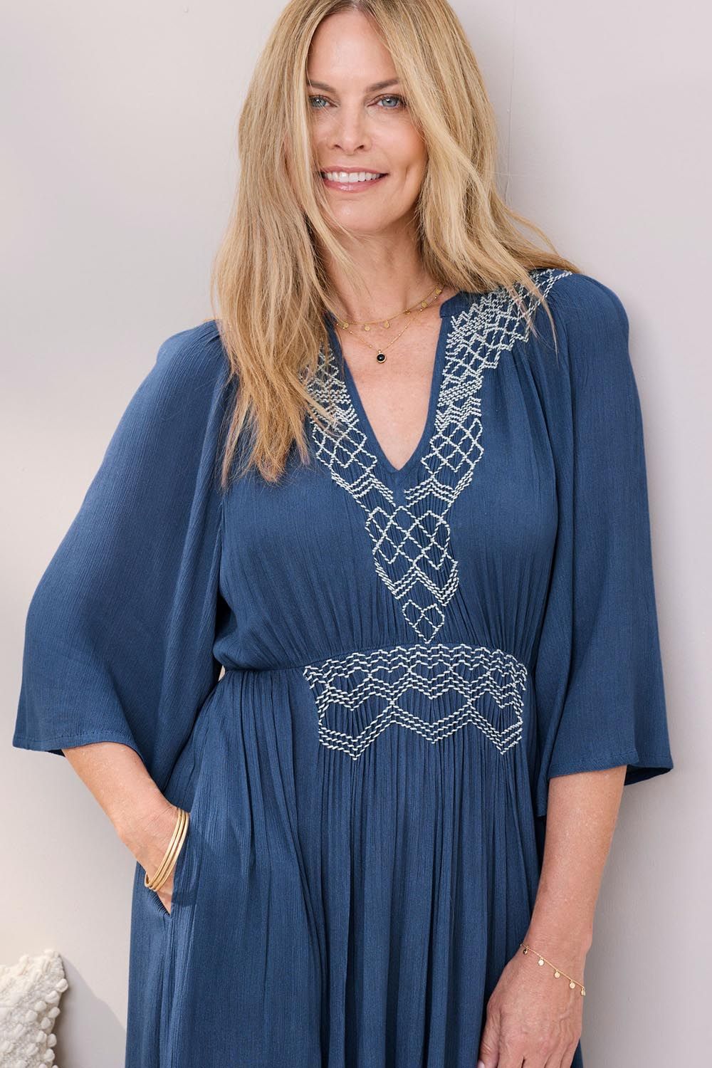 Cotton Traders Women's Embroidered Maxi Dress in Mid Blue
