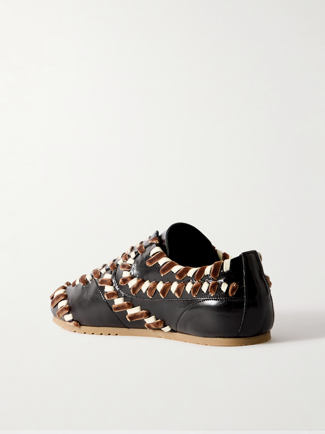 Cord And Velvet-trimmed Glossed-leather Sneakers - Brown