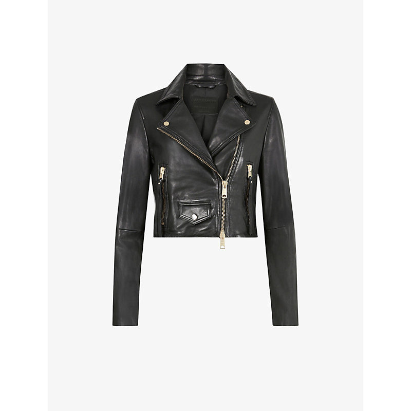 Womens Black Elora Cropped Leather Biker Jacket