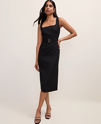 Ann Taylor Belted Column Midi Dress in Linen Blend