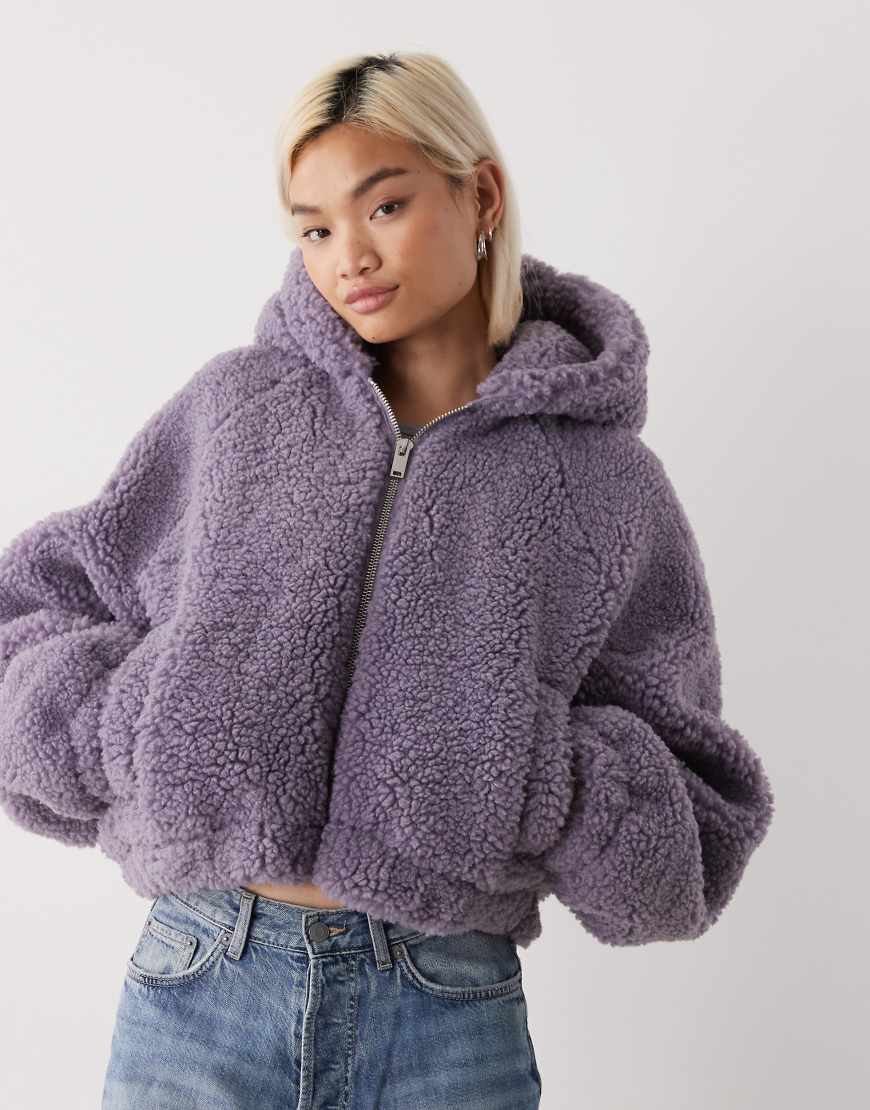 Zip up teddy hooded jacket in lilac gray