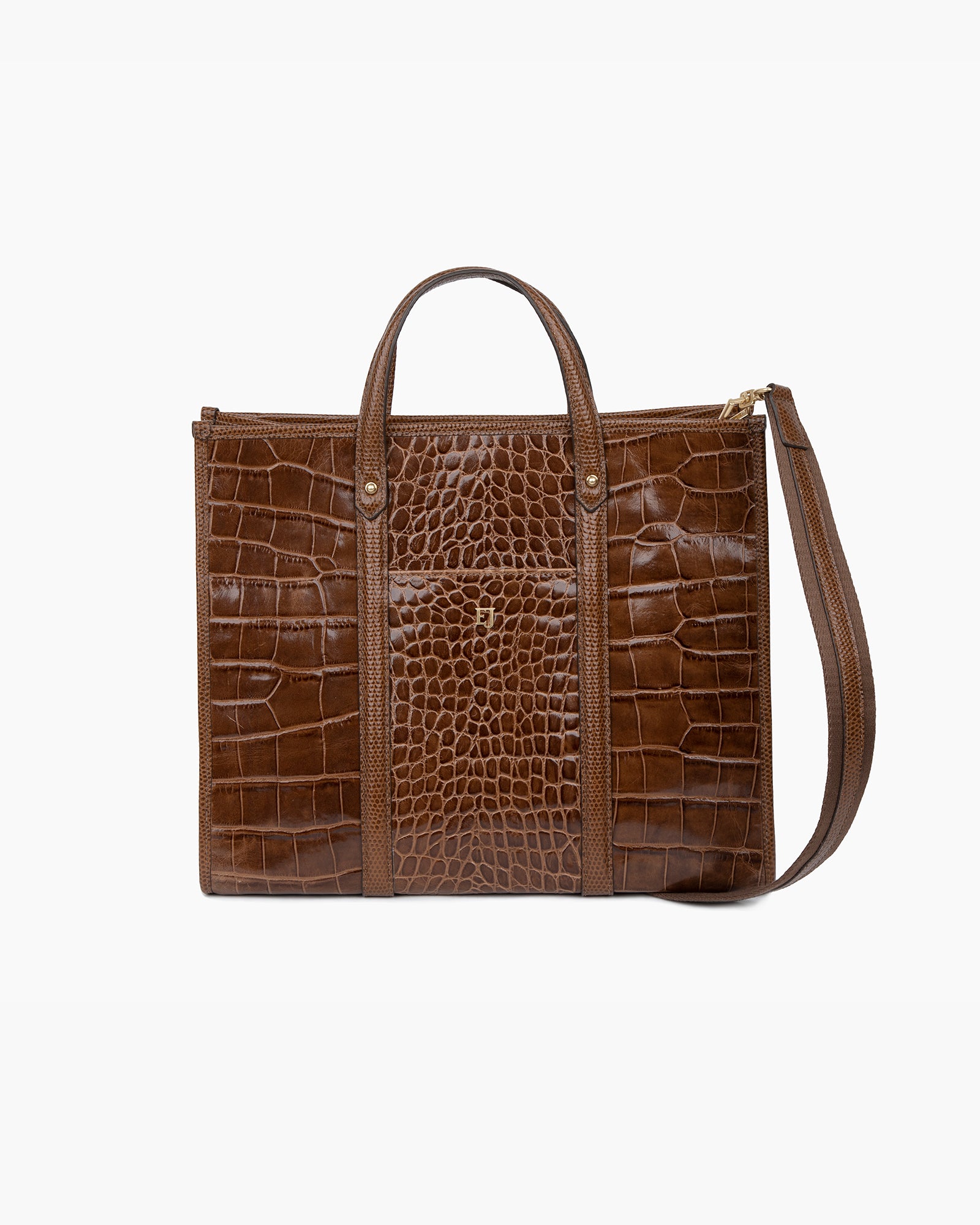 TaTa Tote Bag - Black Embossed Calf Leather, Magnetic Snap Closure, Detachable Shoulder Strap, Canvas Lining, Laptop Compatible
