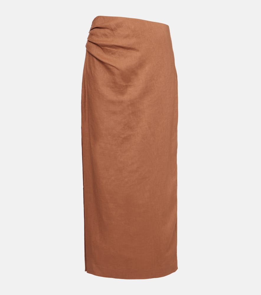 Asymmetric ruched linen midi skirt