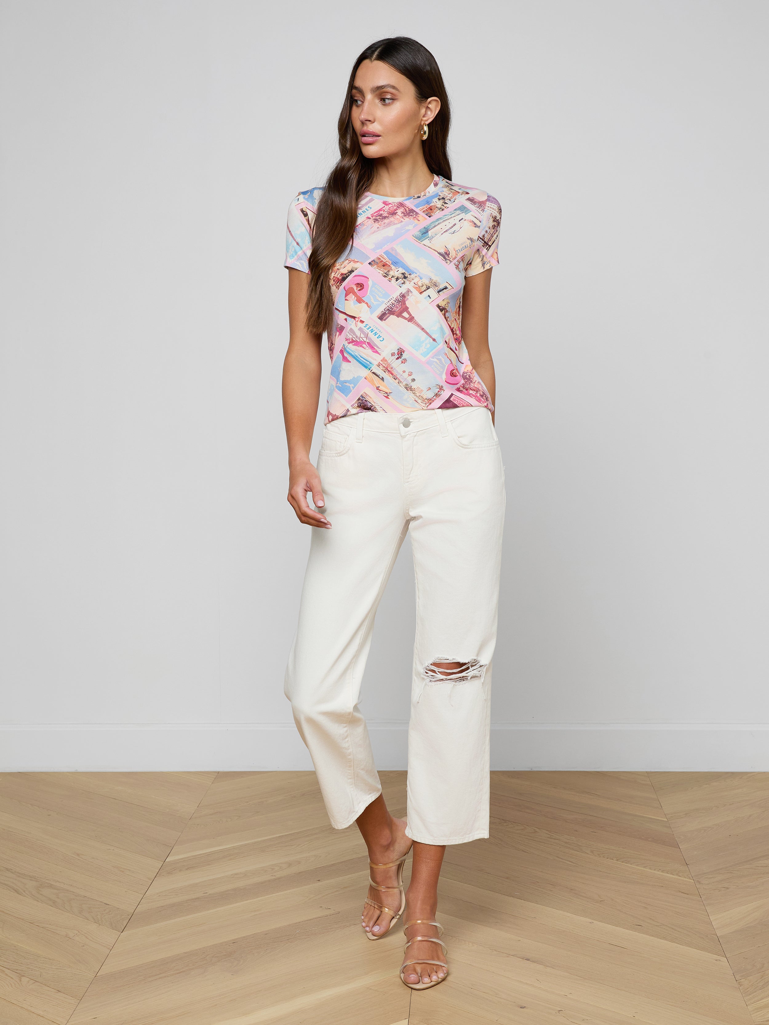Ressi Fitted T-Shirt In Light Pink Multi Postcard Print