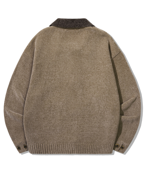 Leather Patchwork Velvet Cardigan Knit_Beige