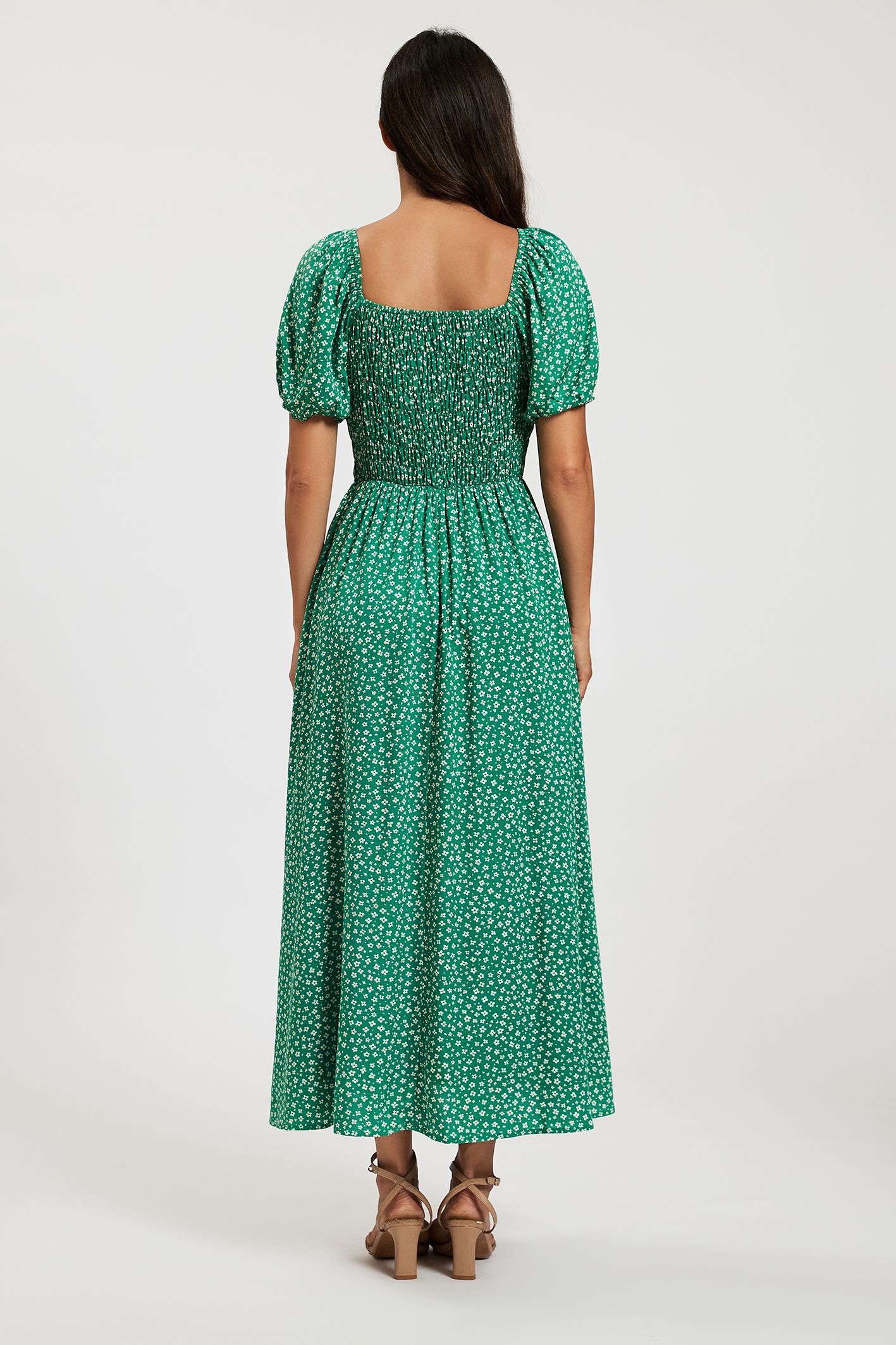 FS Collection Women's Floral Shirred Square Neck Midi Dress with Puff Sleeves in Green | : Mediu