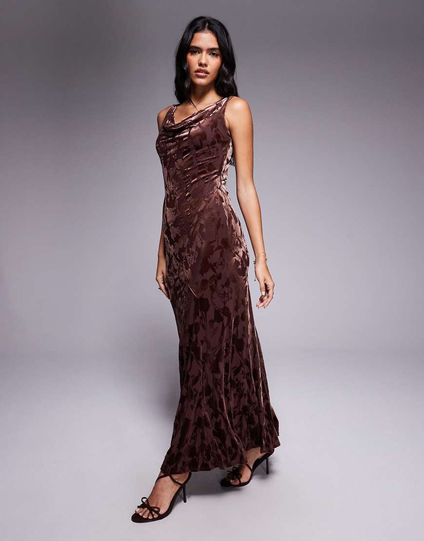 London fallen shoulder burnout floral maxi dress in brown