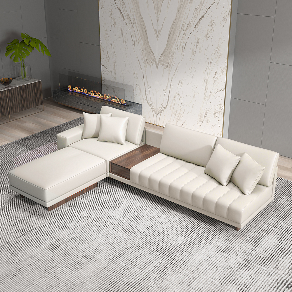 Modulares, weißes Ecksofa aus Leder in L-Form, 126 Zoll, mit Stauraum, Beistelltisch und Ottomane