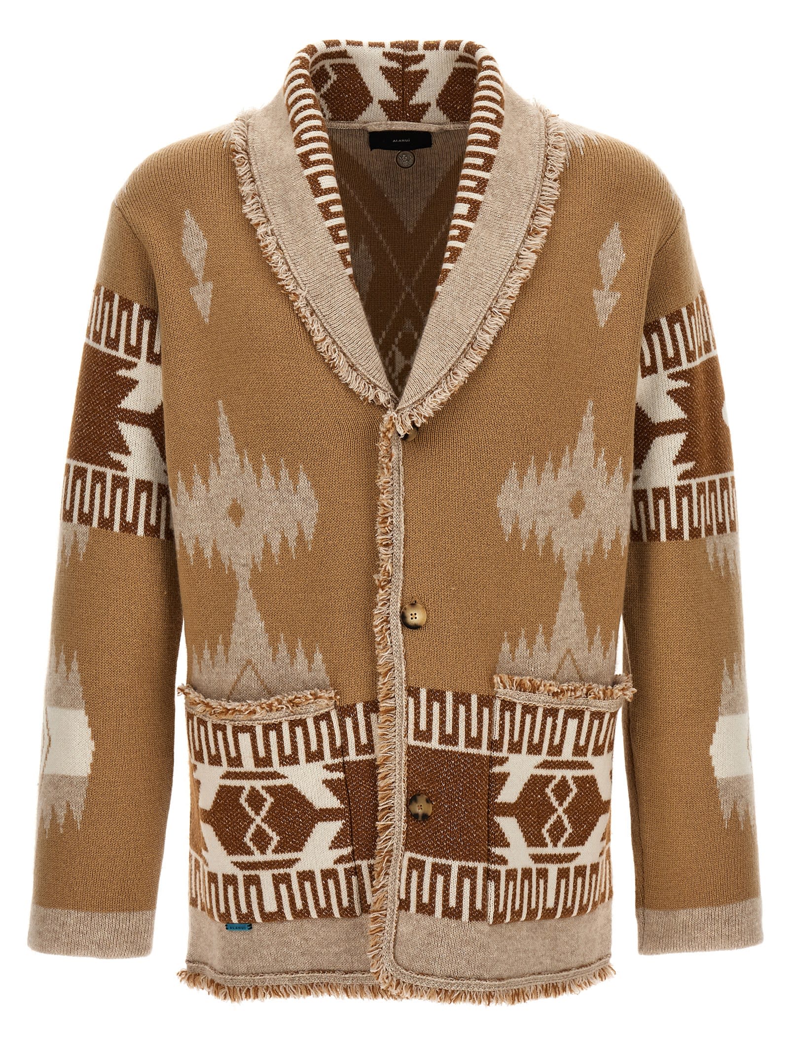 Patterned-jacquard frayed-trim cardigan coat - Neutrals