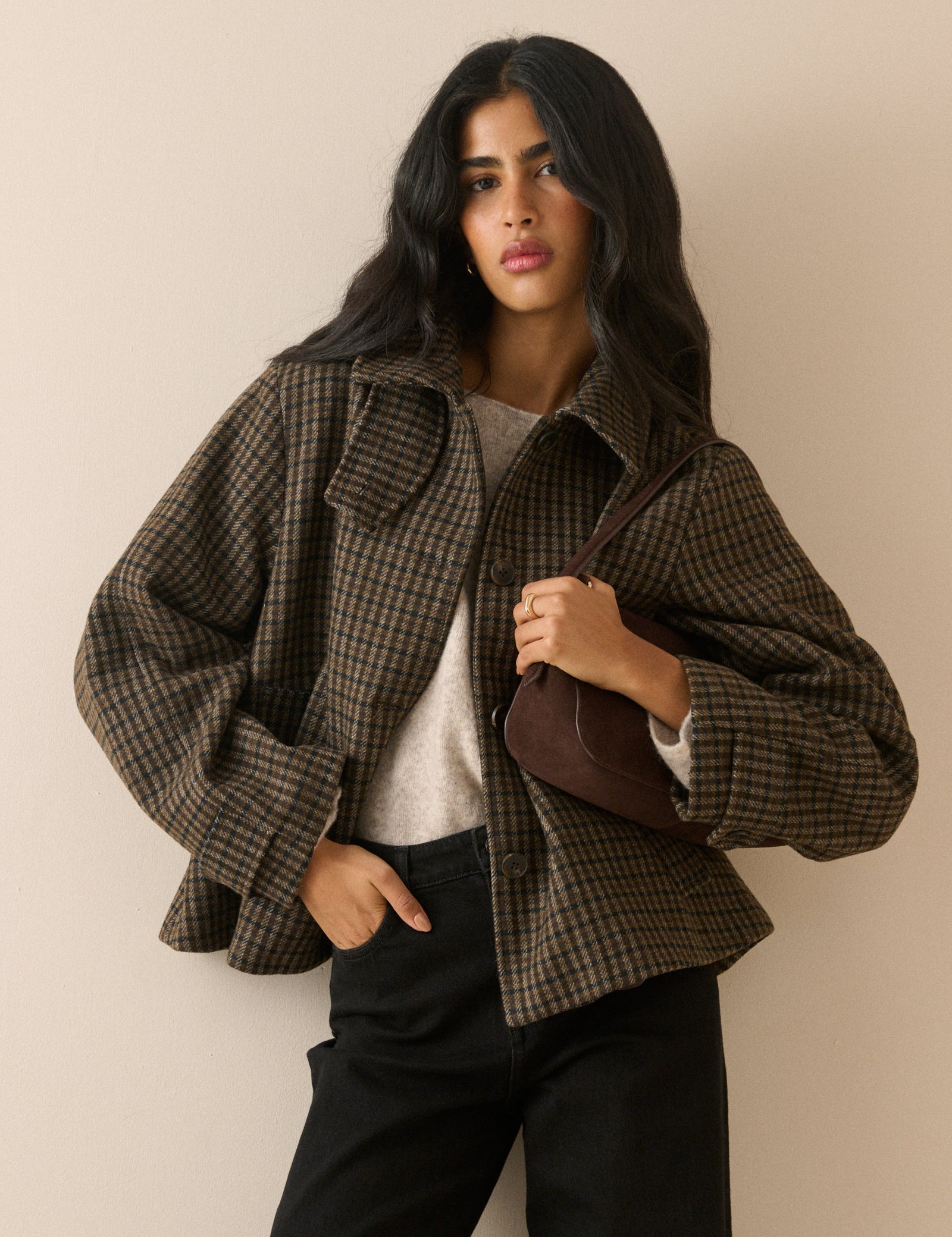 Brown Check Funnel Neck Relaxed Fit Wool-Blend Coat
