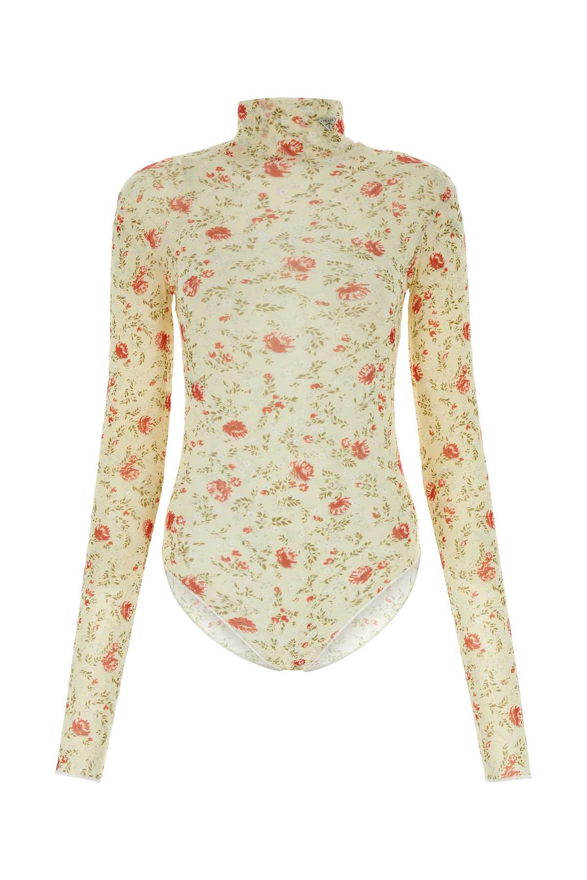 Floral-Print Nylon Bodysuit — Beige