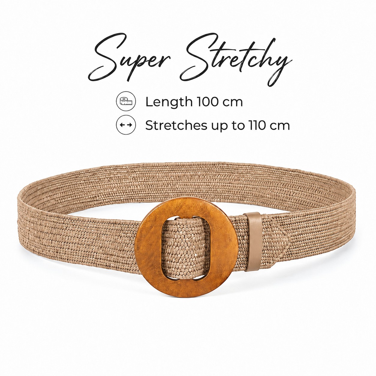 Woodland Leathers Womens Women’s Woven Elastic Dress Belt Straw-Look Waist with Wooden Buckle in Chocolate