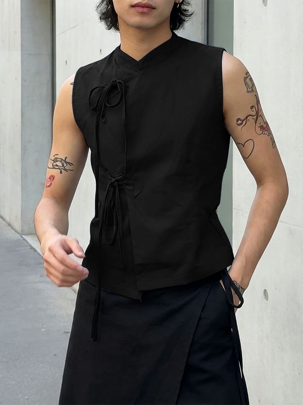 Men's Retro Oriental Style Mandarin Collar Tie-Front Asymmetrical Tank SKUL57075 - Black / S