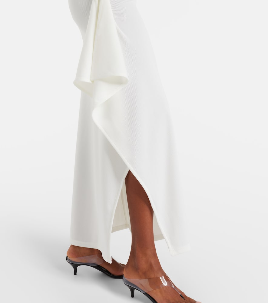 Ribbed-knit draped midi skirt
