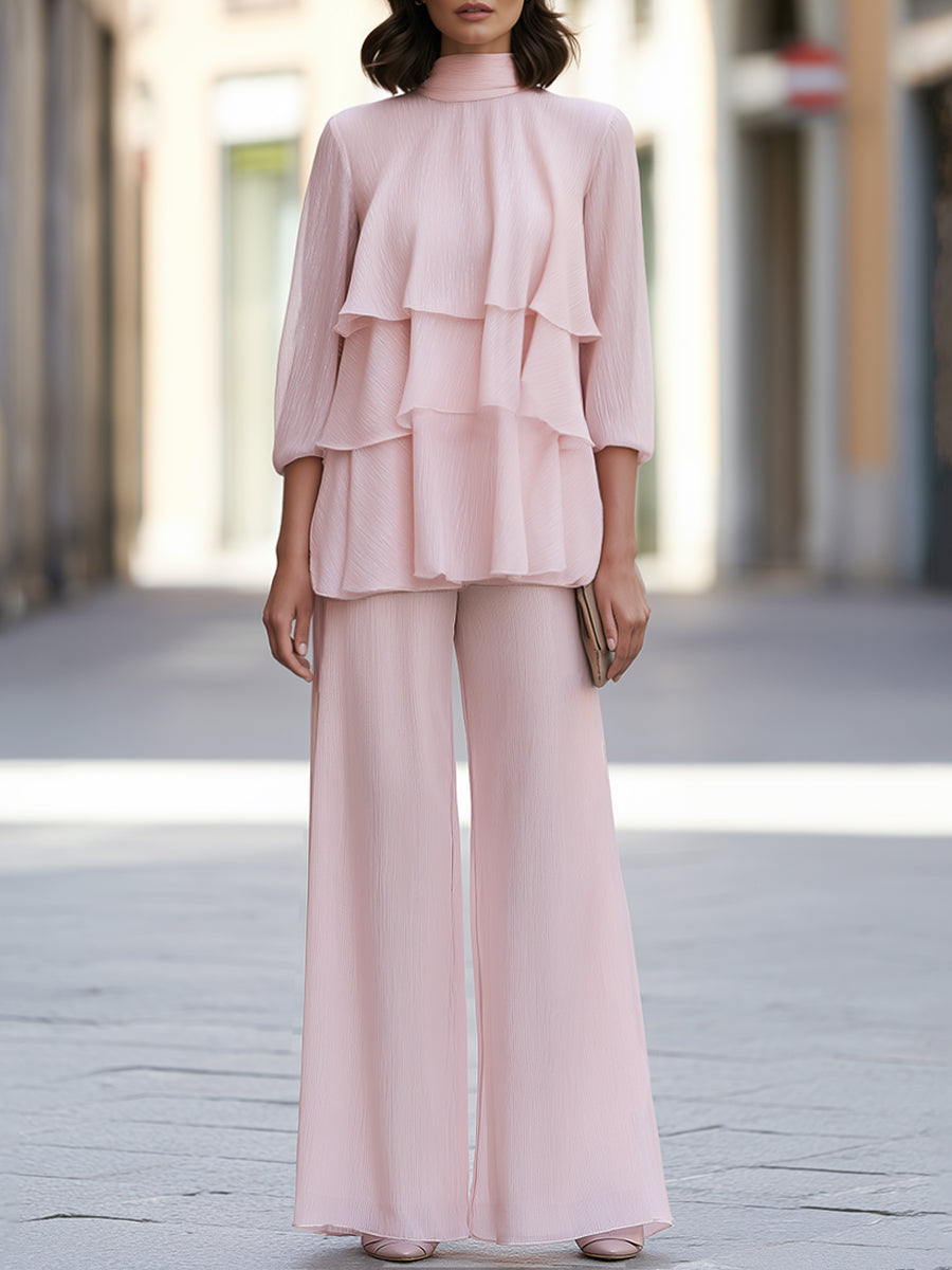 Tiered Ruffle High-Neck Wide-Leg Pants Set - Pink