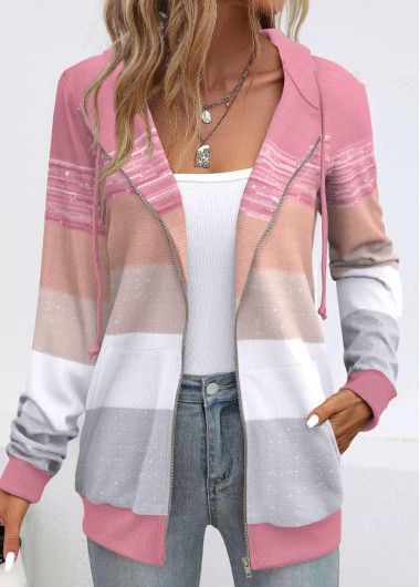 Modlily Pink Pocket Geometric Print Long Sleeve Hoodie